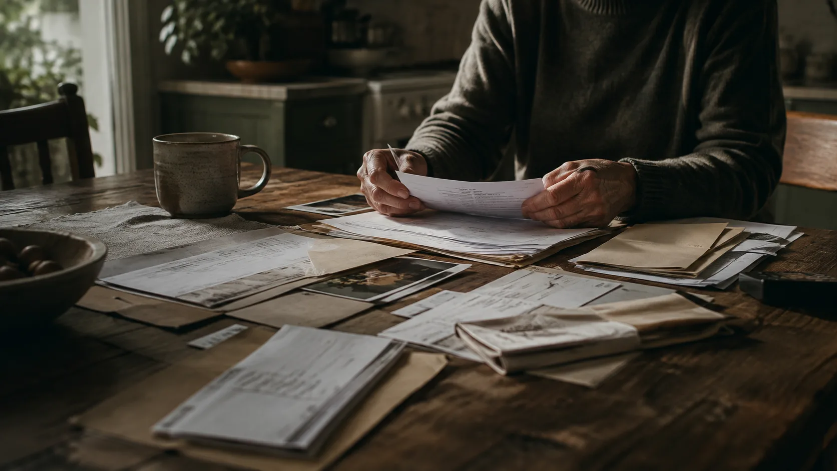 Hands sorting documents at a kitchen table