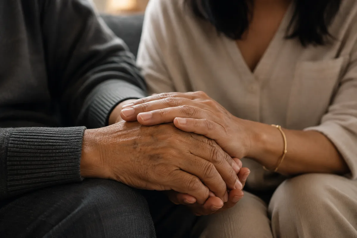 An older person's hands held in a younger person's